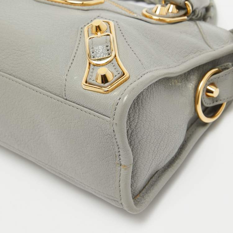 Pre Owned Balenciaga Grey Leather Mini Metallic Edge City Bag