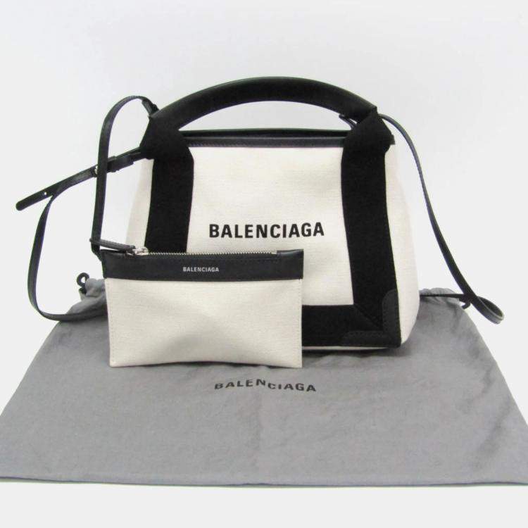 Pre Owned Balenciaga Black/Off-white  Canvas and Leather Navy Cabas XS Tote Bag