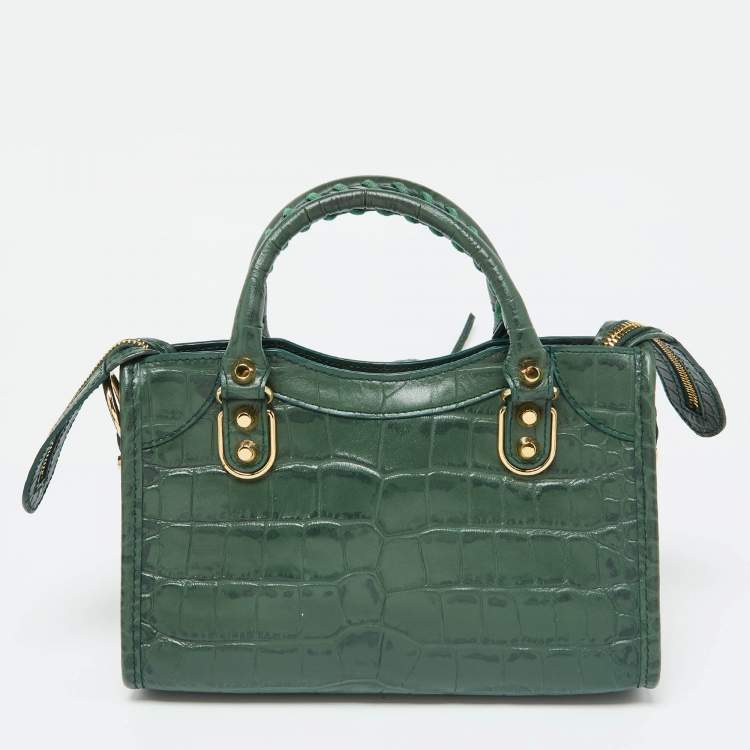 Pre Owned  Balenciaga Green Croc Embossed Leather Mini Classic Metallic Edge City Bag