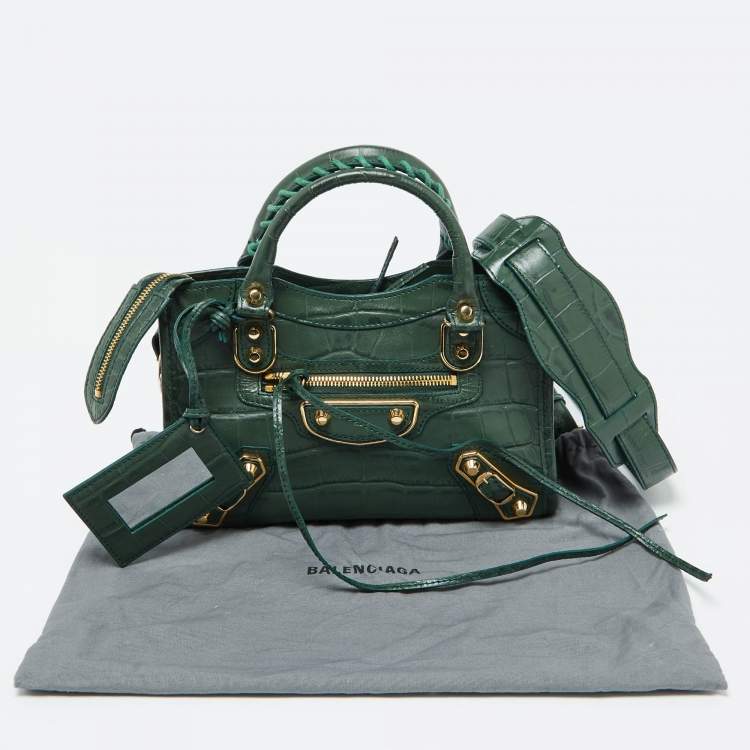 Pre Owned  Balenciaga Green Croc Embossed Leather Mini Classic Metallic Edge City Bag