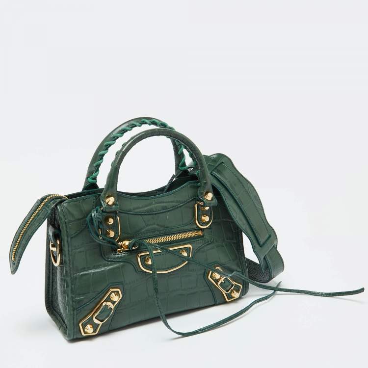 Pre Owned  Balenciaga Green Croc Embossed Leather Mini Classic Metallic Edge City Bag