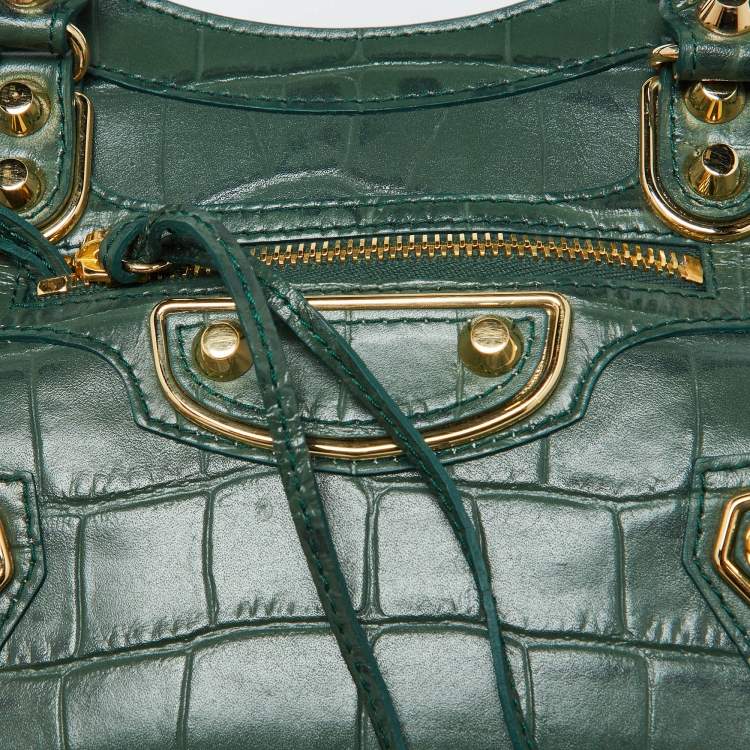 Pre Owned  Balenciaga Green Croc Embossed Leather Mini Classic Metallic Edge City Bag