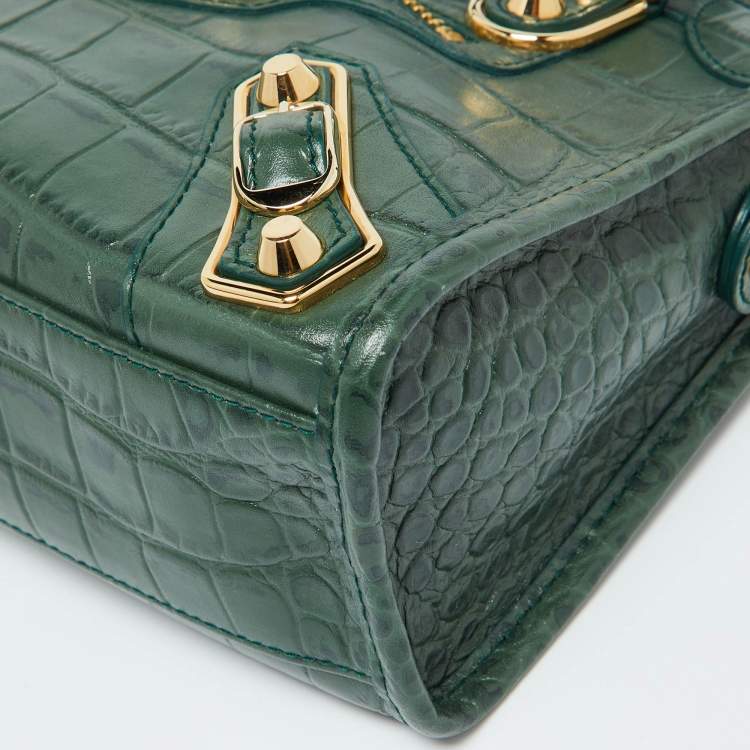 Pre Owned  Balenciaga Green Croc Embossed Leather Mini Classic Metallic Edge City Bag