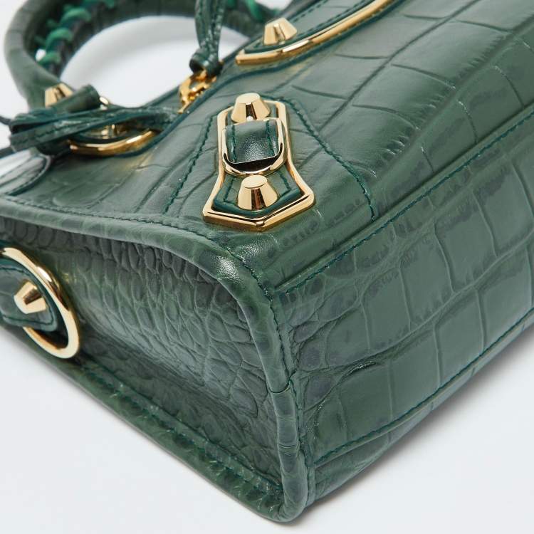 Pre Owned  Balenciaga Green Croc Embossed Leather Mini Classic Metallic Edge City Bag
