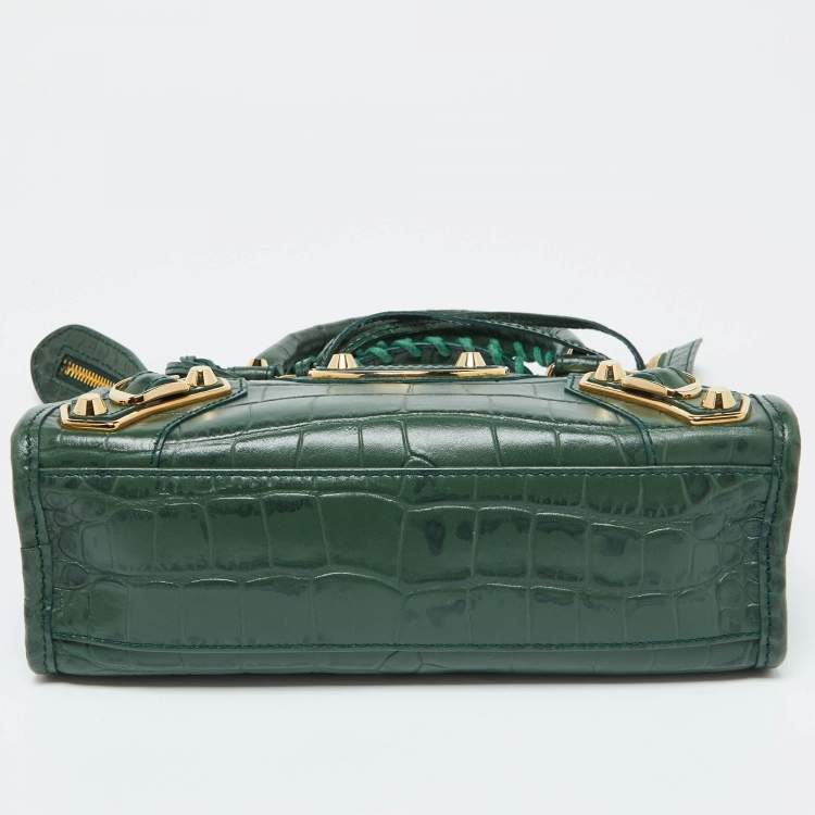 Pre Owned  Balenciaga Green Croc Embossed Leather Mini Classic Metallic Edge City Bag