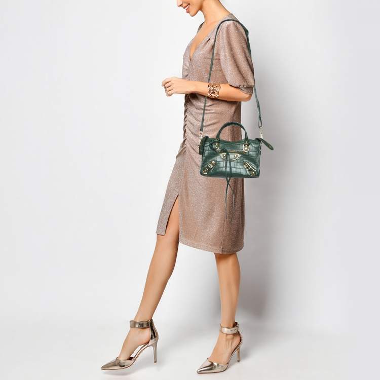 Pre Owned  Balenciaga Green Croc Embossed Leather Mini Classic Metallic Edge City Bag