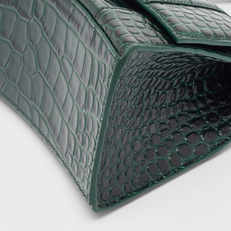 Pre Owned Balenciaga Green Croc Embossed Leather Small Hourglass Top Handle Bag