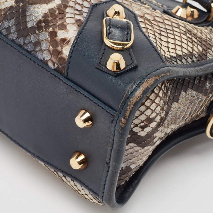 Pre Owned Balenciaga Navy Blue Python and Leather Mini Metallic Edge Classic City Bag
