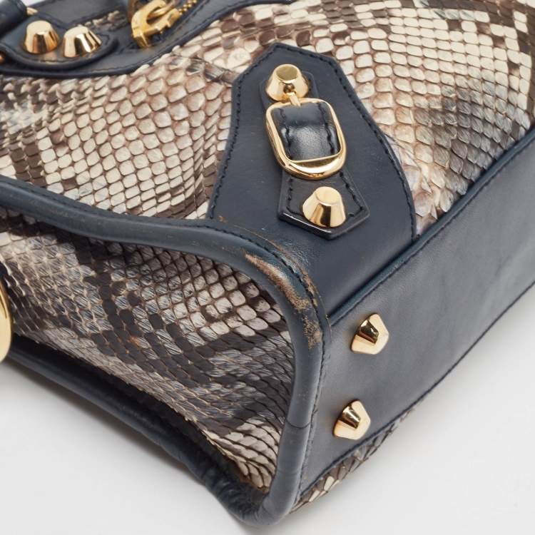 Pre Owned Balenciaga Navy Blue Python and Leather Mini Metallic Edge Classic City Bag