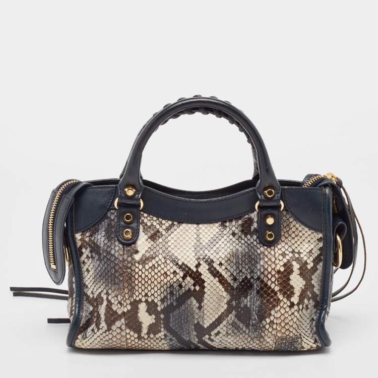 Pre Owned Balenciaga Navy Blue Python and Leather Mini Metallic Edge Classic City Bag