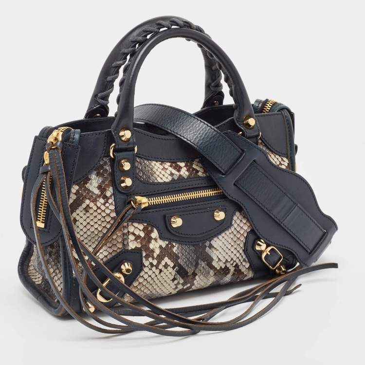 Pre Owned Balenciaga Navy Blue Python and Leather Mini Metallic Edge Classic City Bag