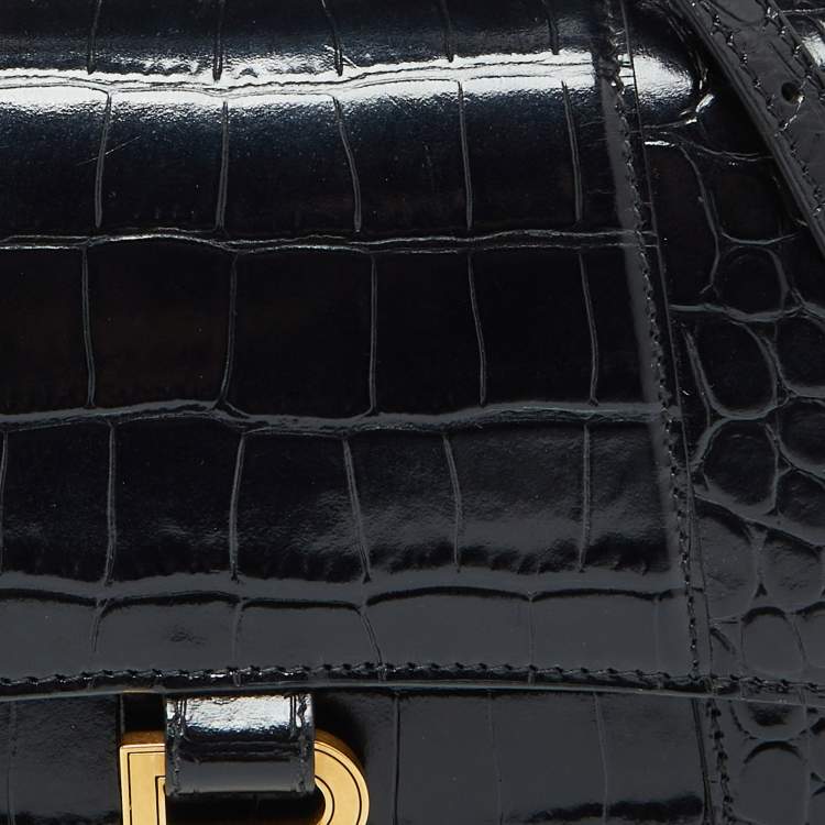 Pre Owned Balenciaga Black Croc Embossed Leather Small Hourglass Top Handle Bag