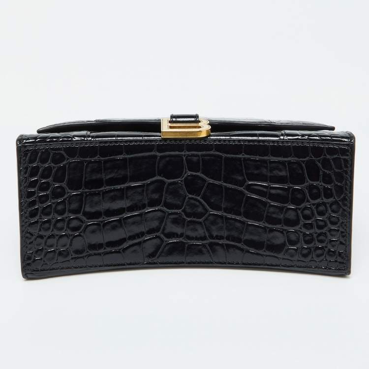 Pre Owned Balenciaga Black Croc Embossed Leather Small Hourglass Top Handle Bag