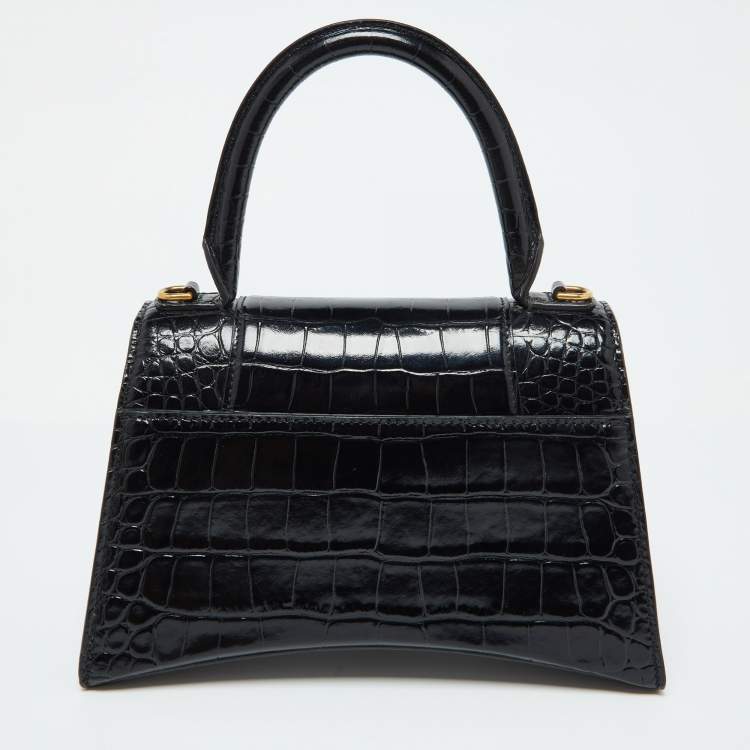 Pre Owned Balenciaga Black Croc Embossed Leather Small Hourglass Top Handle Bag