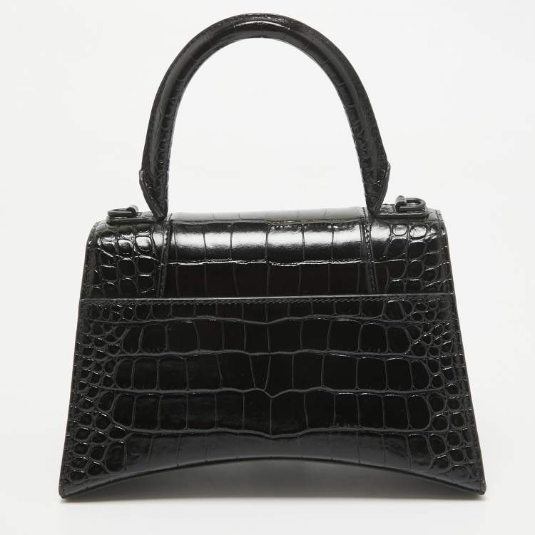 Pre Owned Balenciaga Black Croc Embossed Leather Small Hourglass Top Handle Bag