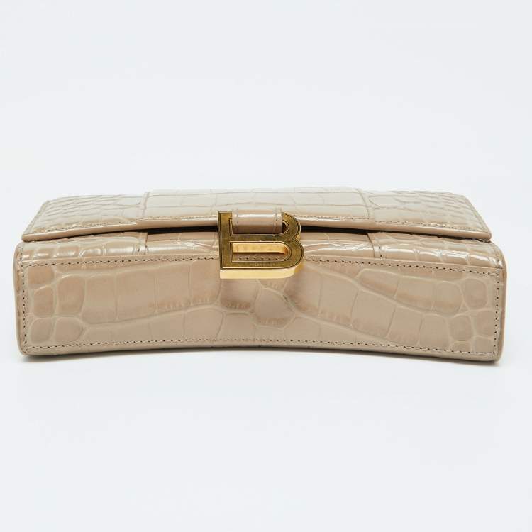Pre Owned Balenciaga Beige Croc Embossed Leather Hourglass Wallet On Chain