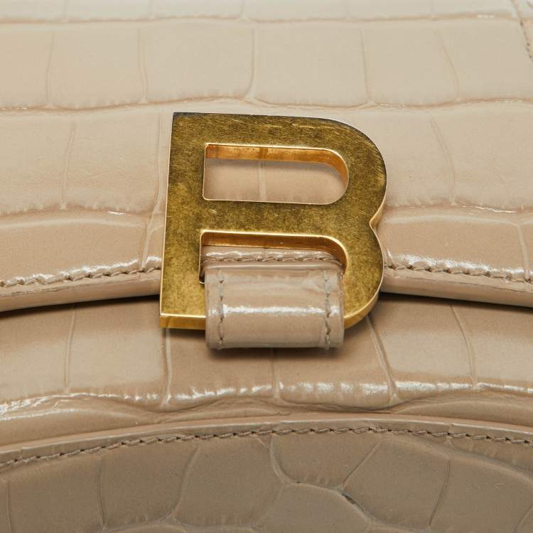Pre Owned Balenciaga Beige Croc Embossed Leather Hourglass Wallet On Chain
