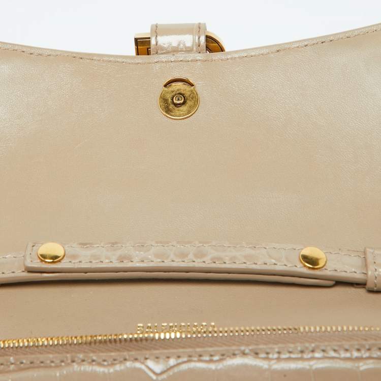 Pre Owned Balenciaga Beige Croc Embossed Leather Hourglass Wallet On Chain