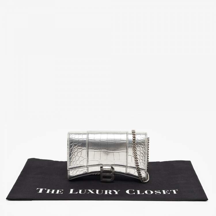 Pre Owned Balenciaga Silver Croc Embossed Leather Hourglass Wallet on Chain