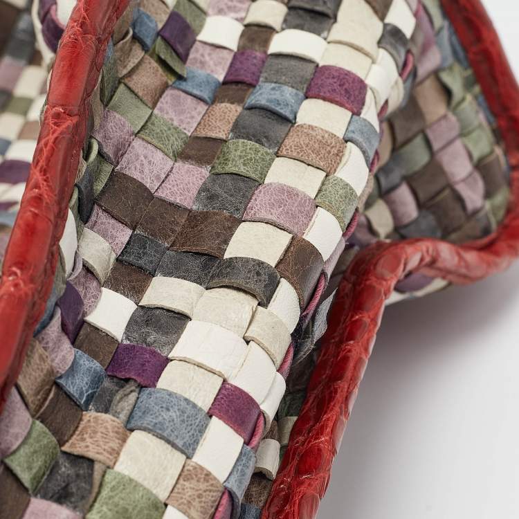 Pre Owned Balenciaga Red/Multicolor Woven Leather and Alligator GSH Work Bag