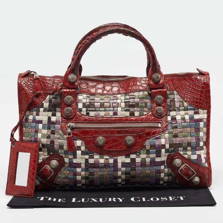 Pre Owned Balenciaga Red/Multicolor Woven Leather and Alligator GSH Work Bag