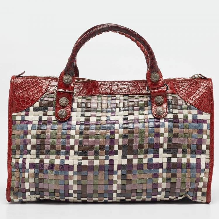 Pre Owned Balenciaga Red/Multicolor Woven Leather and Alligator GSH Work Bag