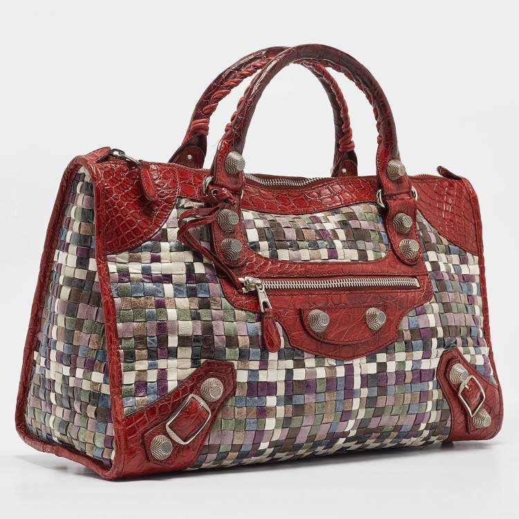 Pre Owned Balenciaga Red/Multicolor Woven Leather and Alligator GSH Work Bag