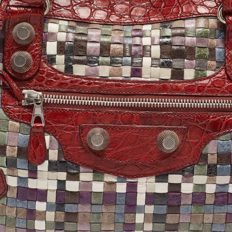 Pre Owned Balenciaga Red/Multicolor Woven Leather and Alligator GSH Work Bag