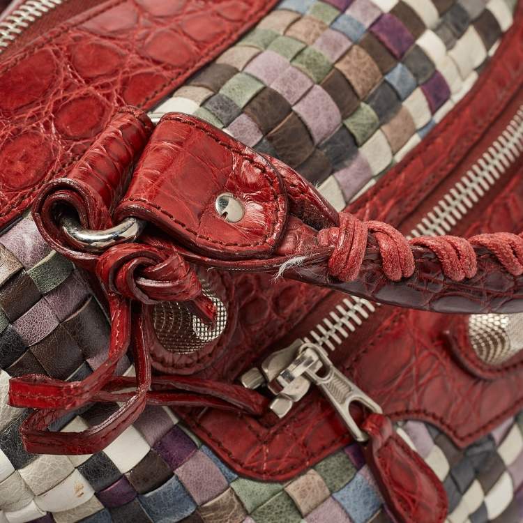Pre Owned Balenciaga Red/Multicolor Woven Leather and Alligator GSH Work Bag