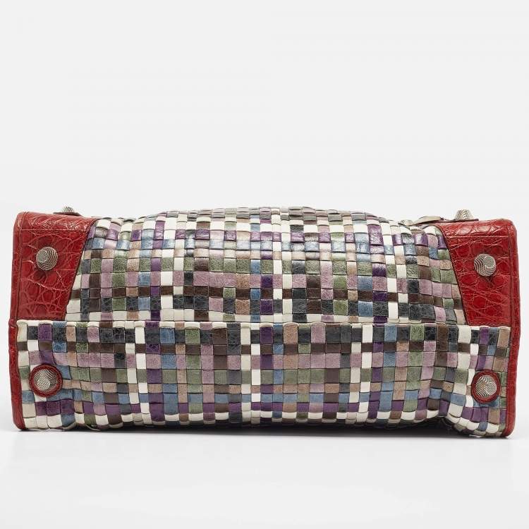 Pre Owned Balenciaga Red/Multicolor Woven Leather and Alligator GSH Work Bag