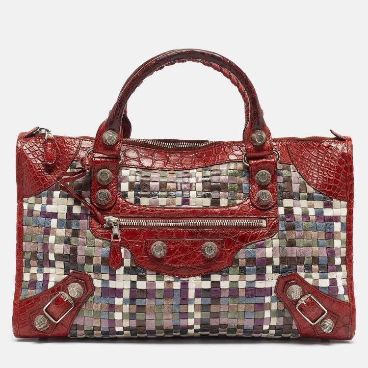 Pre Owned Balenciaga Red/Multicolor Woven Leather and Alligator GSH Work Bag
