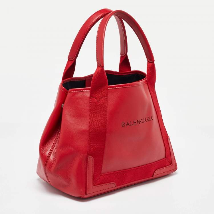 Pre Owned Balenciaga Red Leather S Navy Cabas Tote