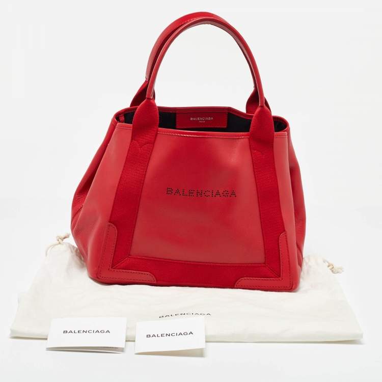 Pre Owned Balenciaga Red Leather S Navy Cabas Tote