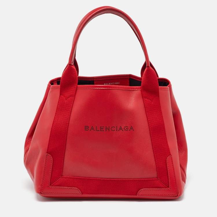 Pre Owned Balenciaga Red Leather S Navy Cabas Tote
