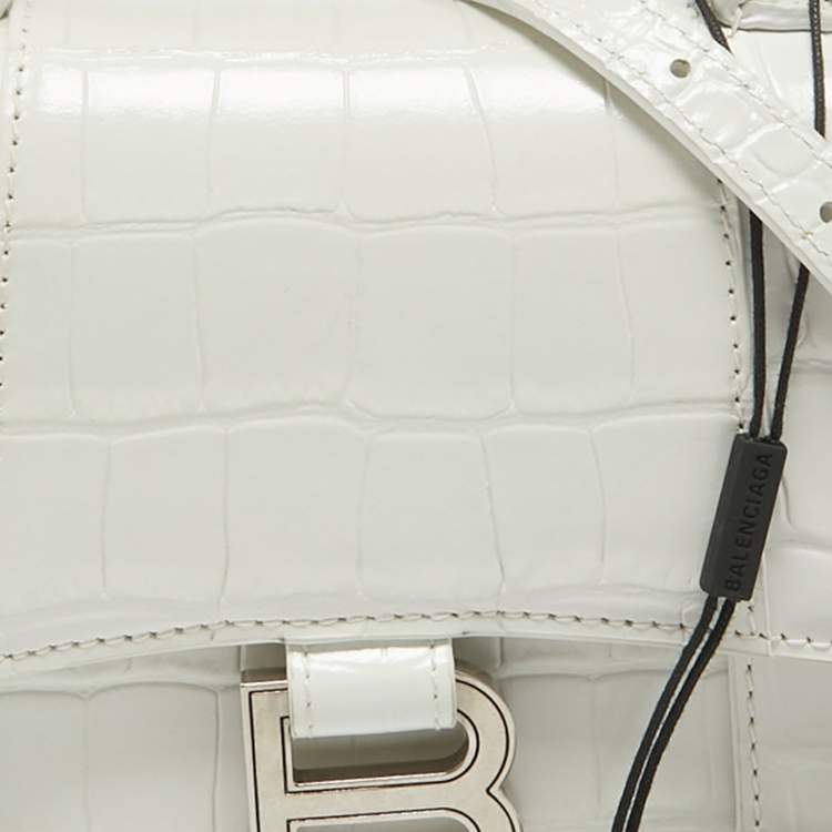 Pre Owned Balenciaga White Croc Embossed Leather XS Hourglass Top Handle Bag