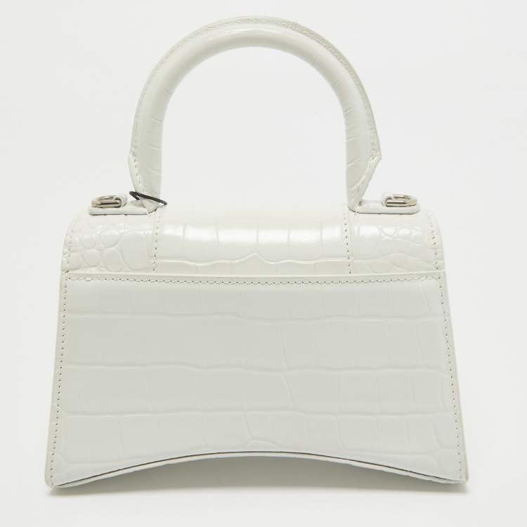 Pre Owned Balenciaga White Croc Embossed Leather XS Hourglass Top Handle Bag