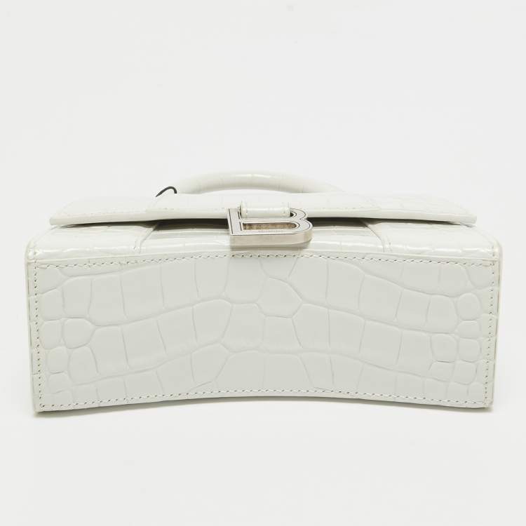 Pre Owned Balenciaga White Croc Embossed Leather XS Hourglass Top Handle Bag