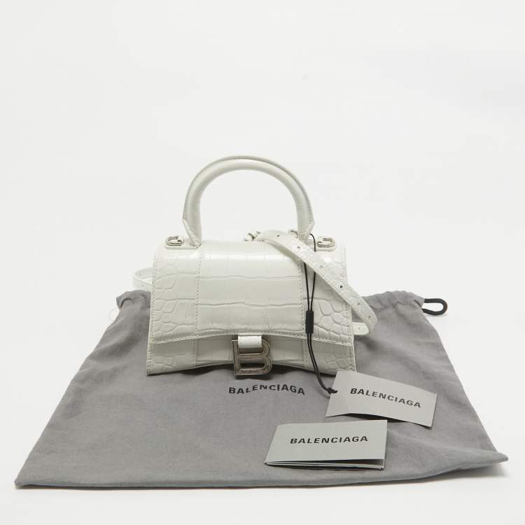 Pre Owned Balenciaga White Croc Embossed Leather XS Hourglass Top Handle Bag
