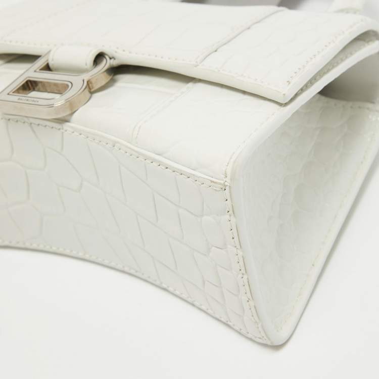 Pre Owned Balenciaga White Croc Embossed Leather XS Hourglass Top Handle Bag