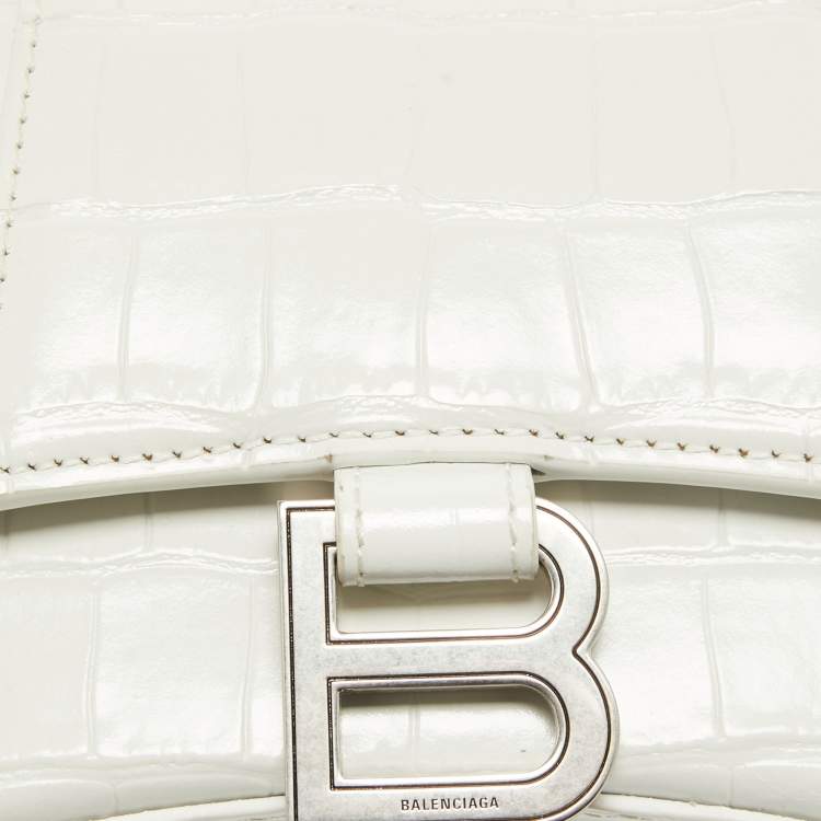 Pre Owned Balenciaga White Croc Embossed Leather XS Hourglass Top Handle Bag