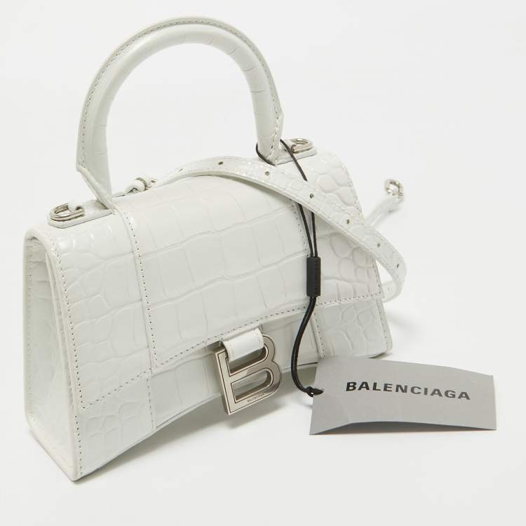Pre Owned Balenciaga White Croc Embossed Leather XS Hourglass Top Handle Bag
