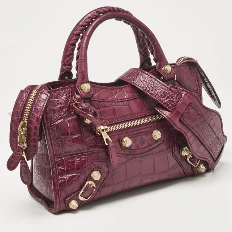 Pre Owned Balenciaga Purple Croc Embossed Leather Mini Classic City Bag