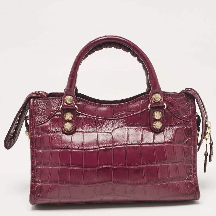 Pre Owned Balenciaga Purple Croc Embossed Leather Mini Classic City Bag