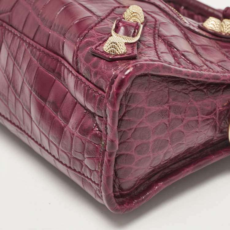 Pre Owned Balenciaga Purple Croc Embossed Leather Mini Classic City Bag