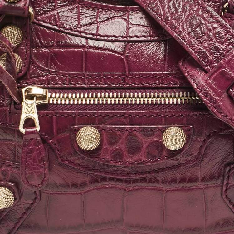 Pre Owned Balenciaga Purple Croc Embossed Leather Mini Classic City Bag