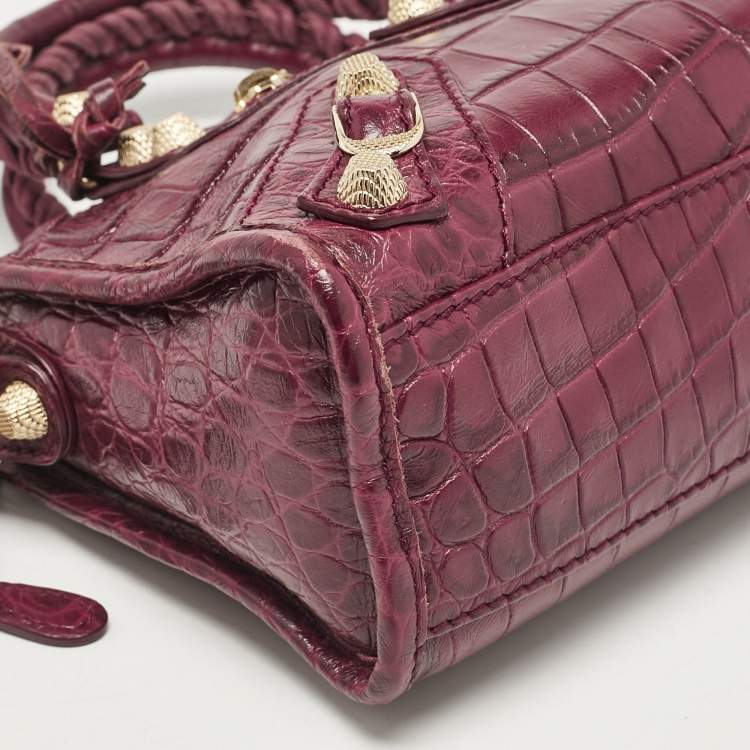 Pre Owned Balenciaga Purple Croc Embossed Leather Mini Classic City Bag