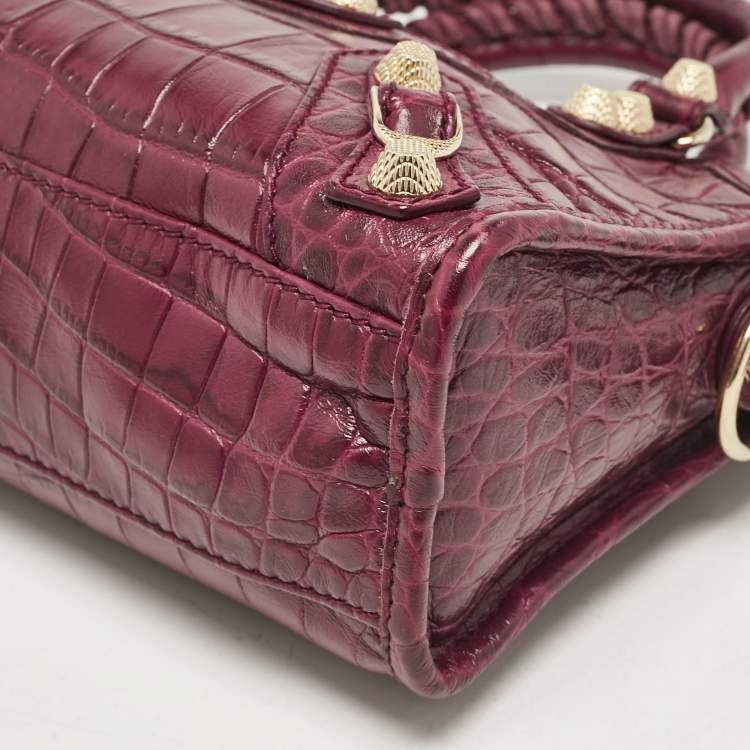 Pre Owned Balenciaga Purple Croc Embossed Leather Mini Classic City Bag