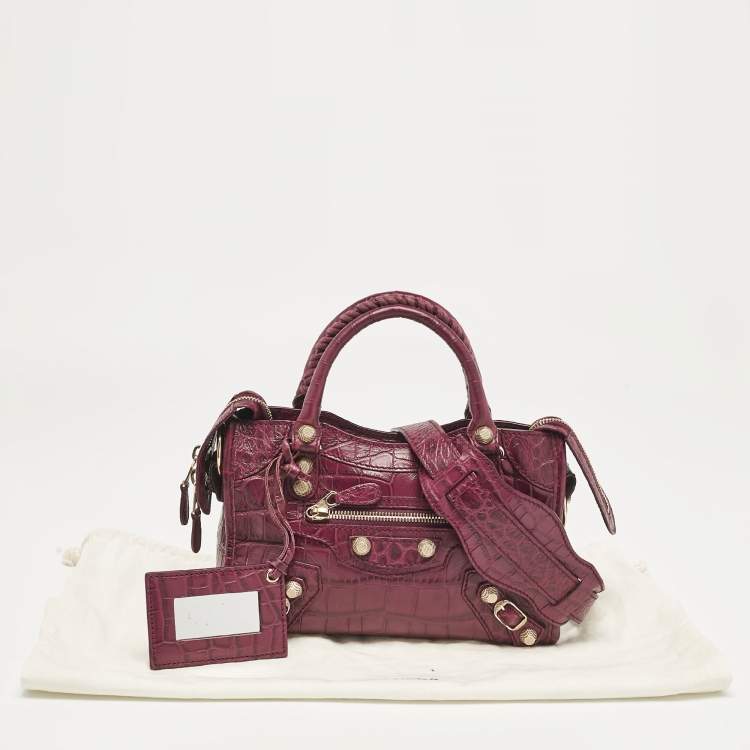 Pre Owned Balenciaga Purple Croc Embossed Leather Mini Classic City Bag