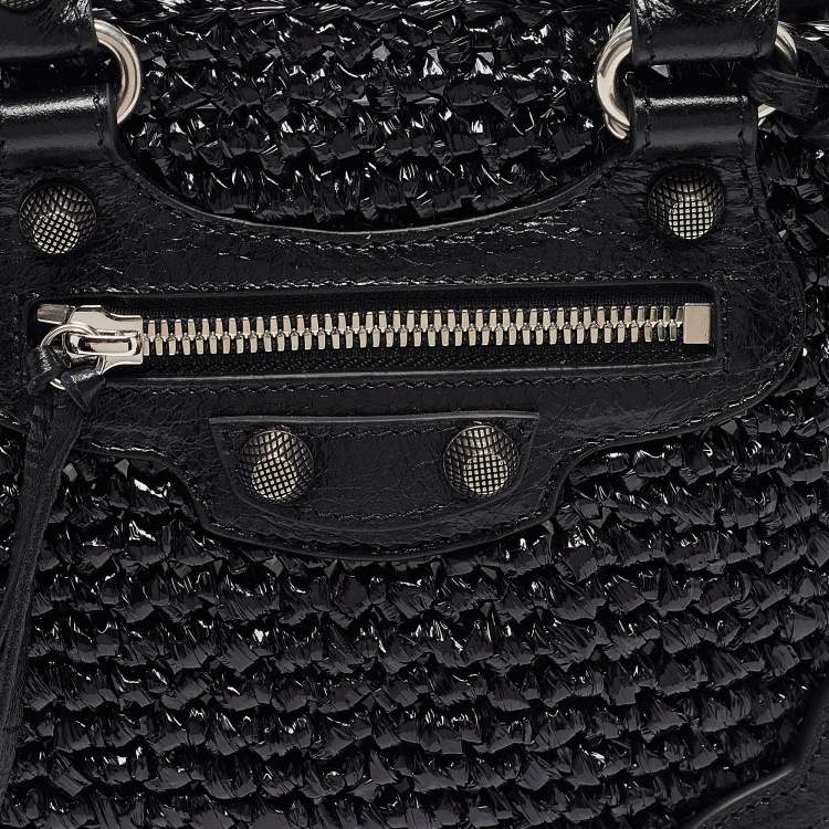 Pre Owned Balenciaga Black Woven Leather and Straw Le Cagole Basket Tote