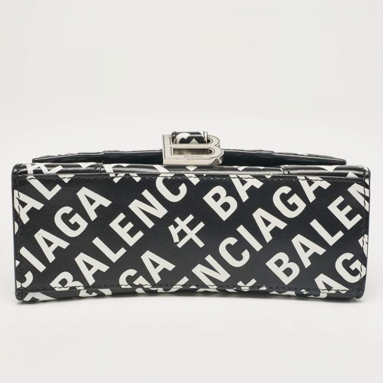 Pre Owned Balenciaga Black/White Leather Allover Logo XS Hourglass Top Handle Bag